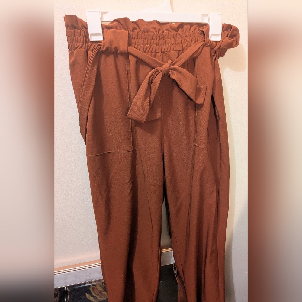 Grace Karin burnt orange paper bag pants